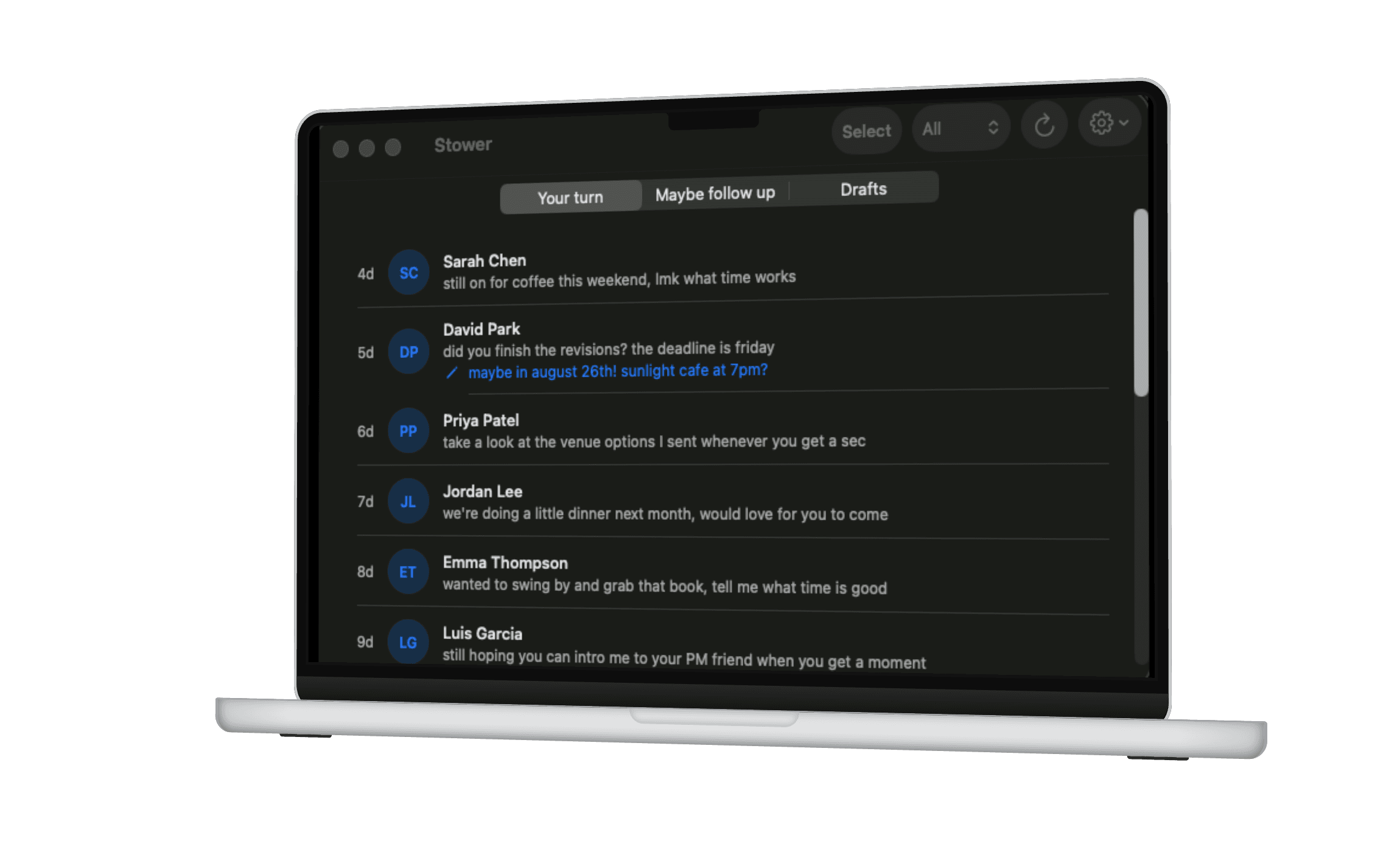 StowerMessages on macOS, showing conversations waiting for your reply